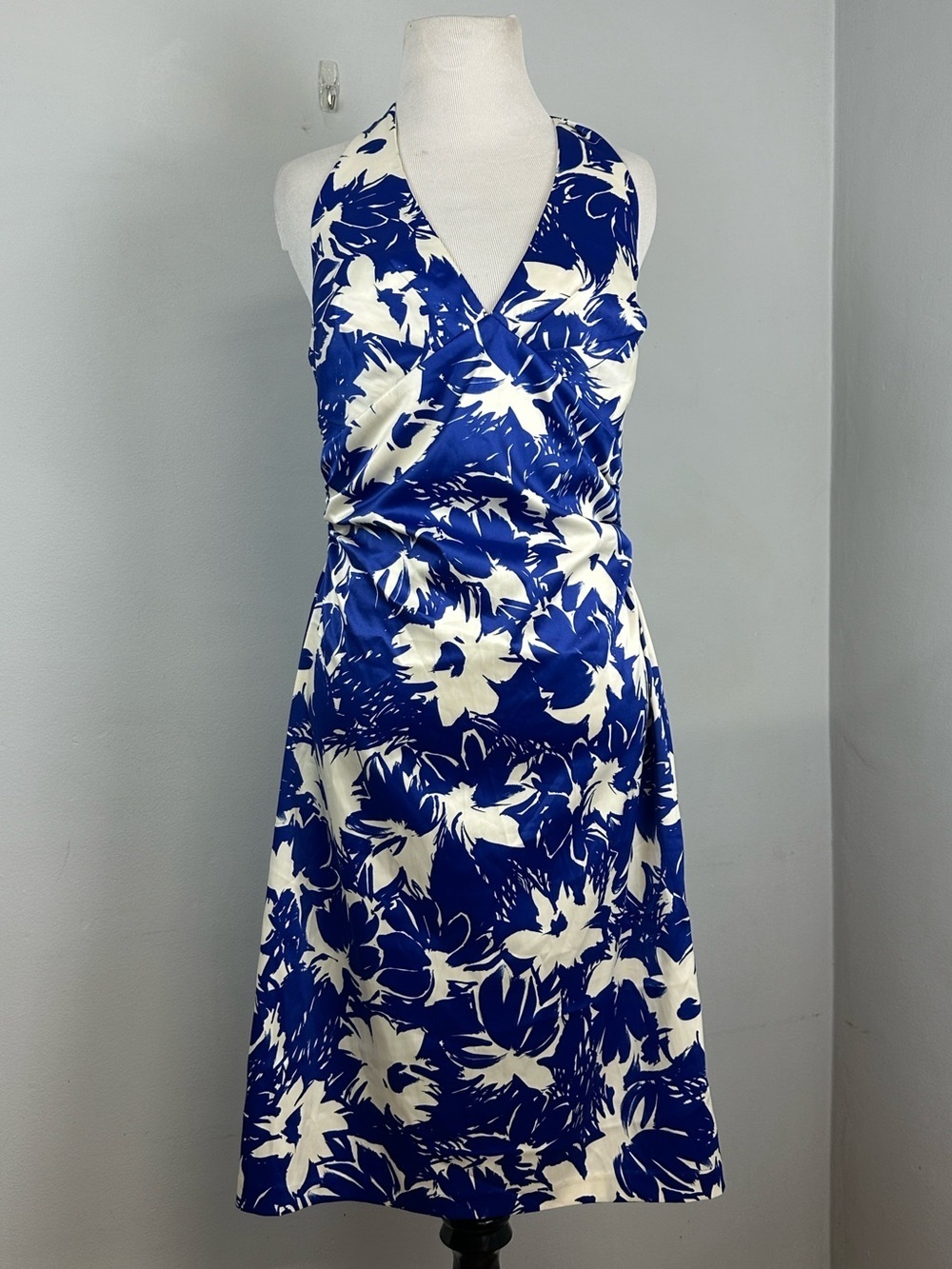 NWOT Donna Ricco Petite Satin Blue and White Midi Halter Dress Sz 8P